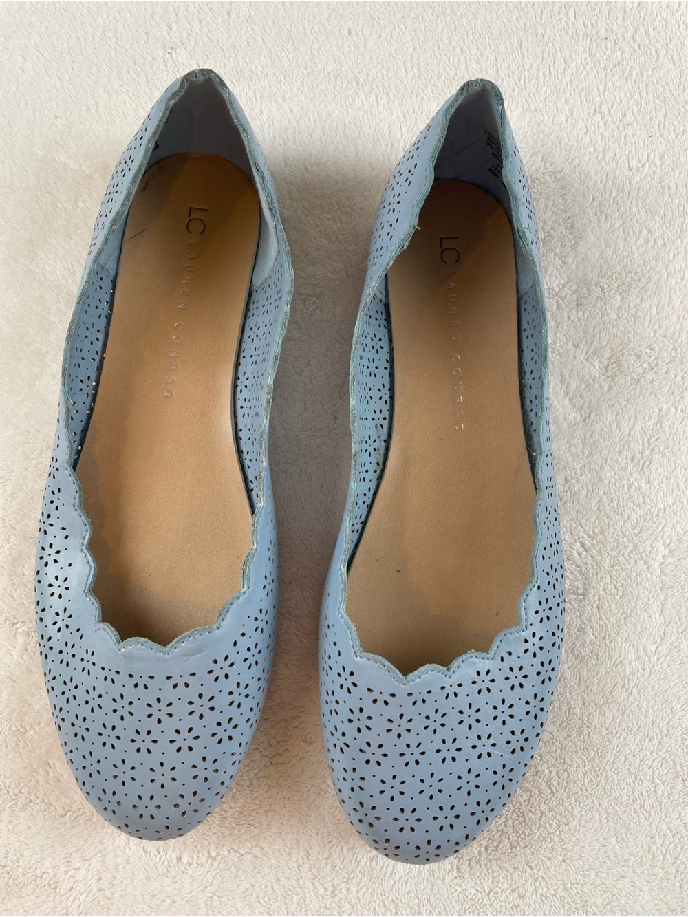 LC Lauren ConradLeather Powder Blue Perforated Scallop Ballet Flats